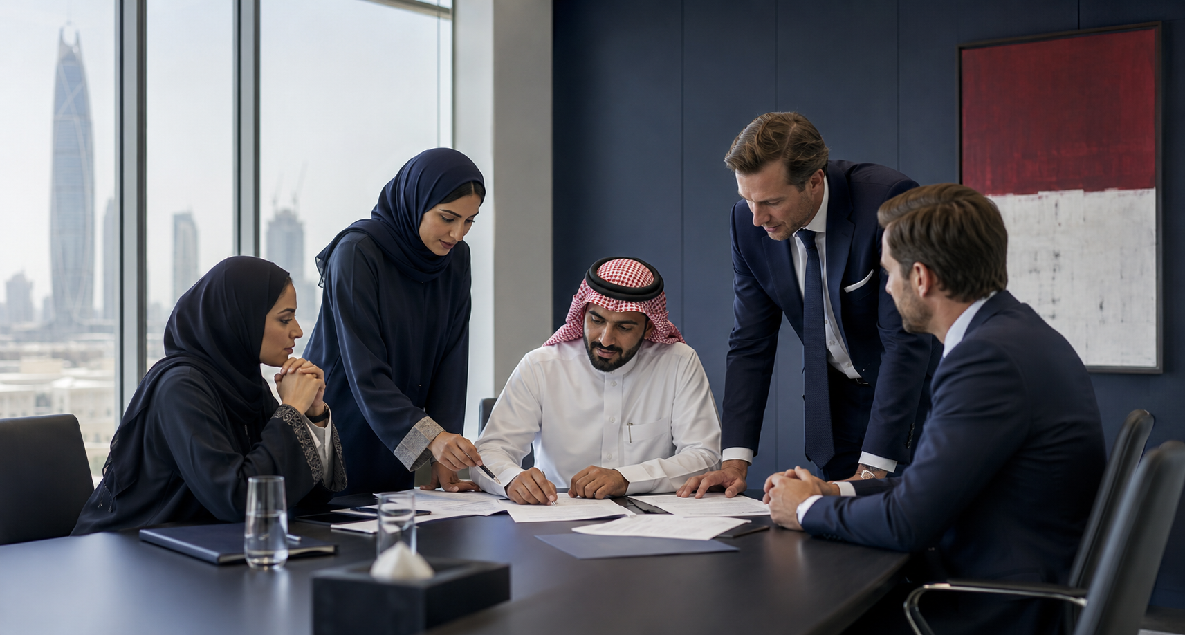 Business professionals discussing a matter in a contemporary Riyadh boardroom